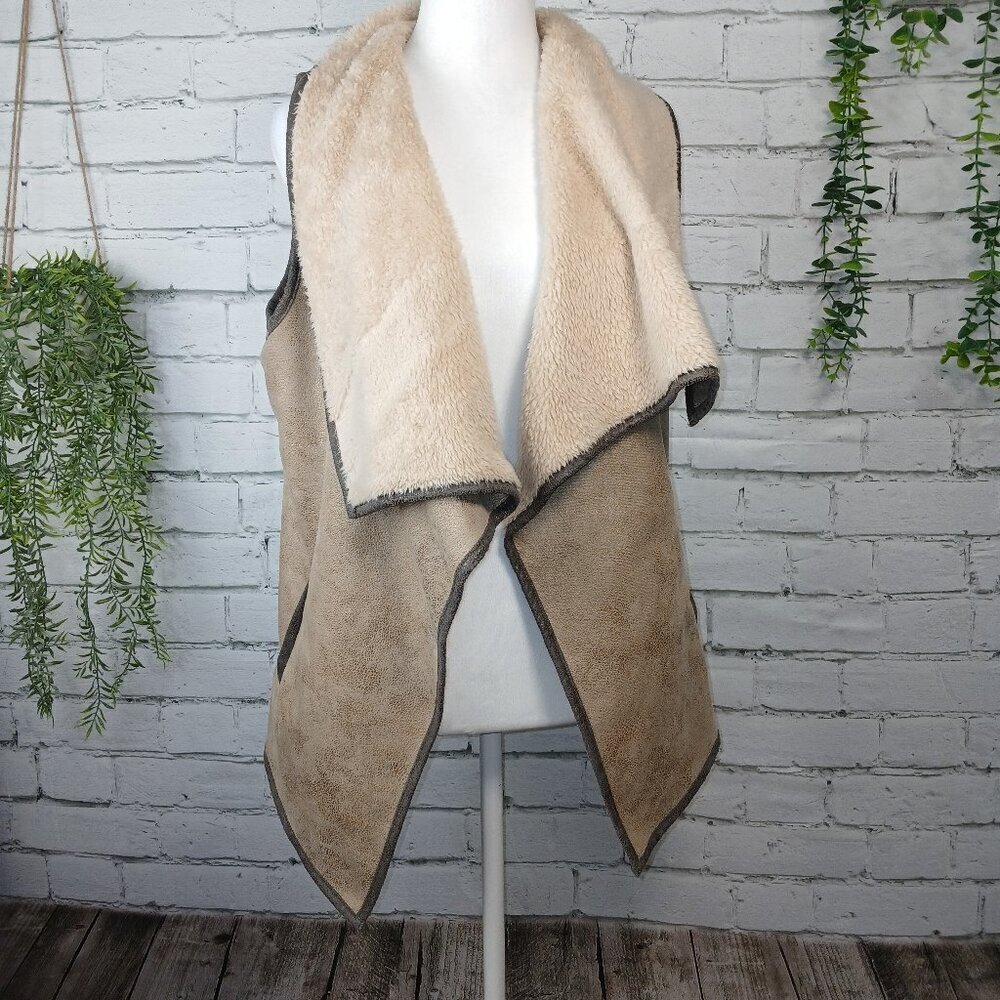 JODIFL FAUX SUEDE SHERPA LINED VEST WATERFALL COLLAR BOHO WOMENS SIZE SMALL, Y2K